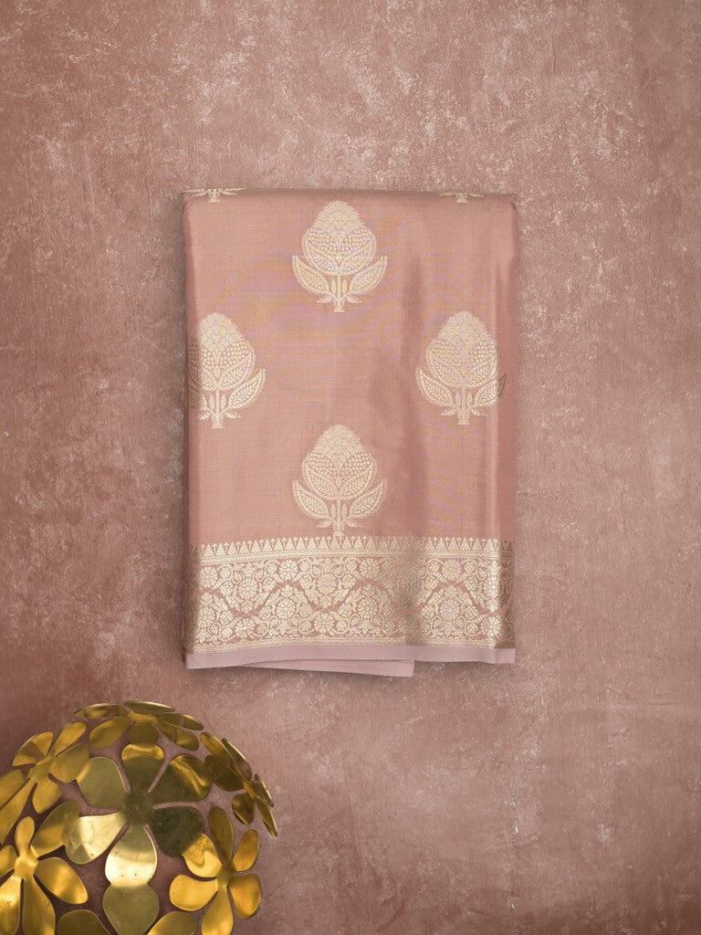 Banaras tissue fancy saree peach color allover weaves & zari border with rich pallu and self blouse