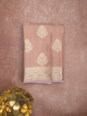Banaras tissue fancy saree peach color allover weaves & zari border with rich pallu and self blouse