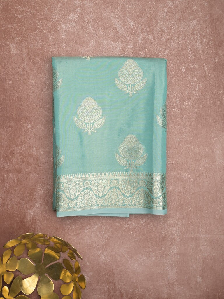 Banaras tissue fancy saree sky blue color allover weaves & zari border with rich pallu and self blouse