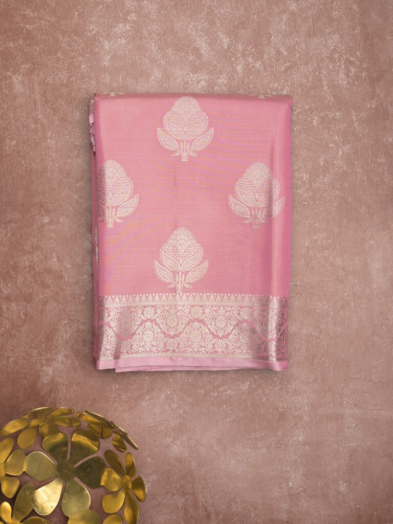 Banaras tissue fancy saree light pink color allover weaves & zari border with rich pallu and self blouse