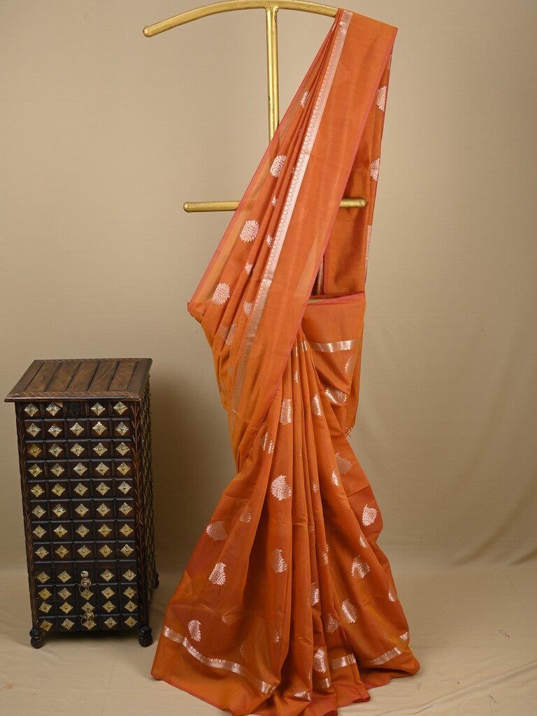 Chanderi fancy saree bronze color allover zari motifs and zari border with brocade pallu and blouse