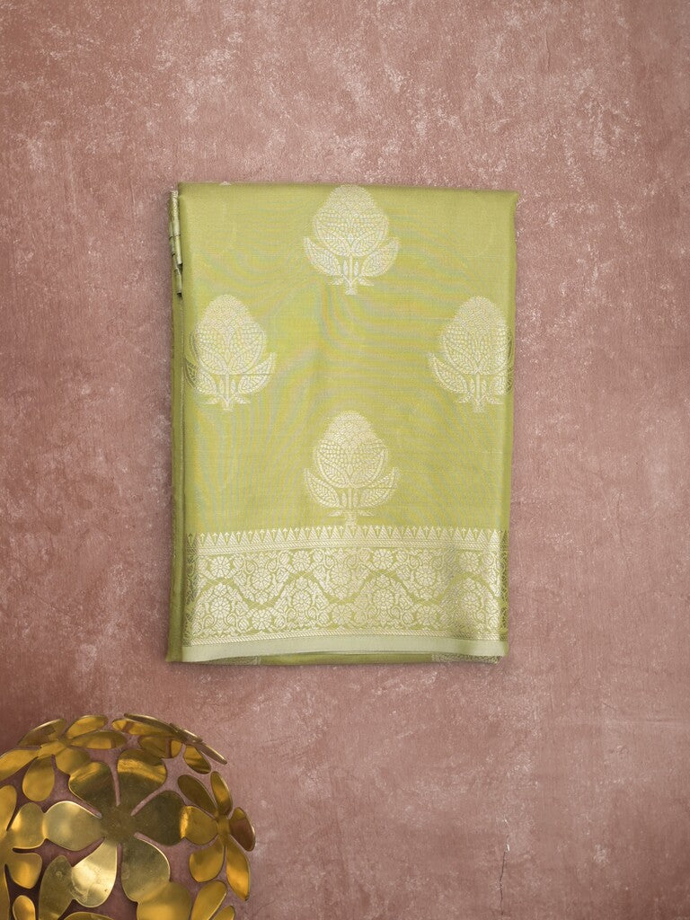 Banaras tissue fancy saree light green color allover weaves & zari border with rich pallu and self blouse