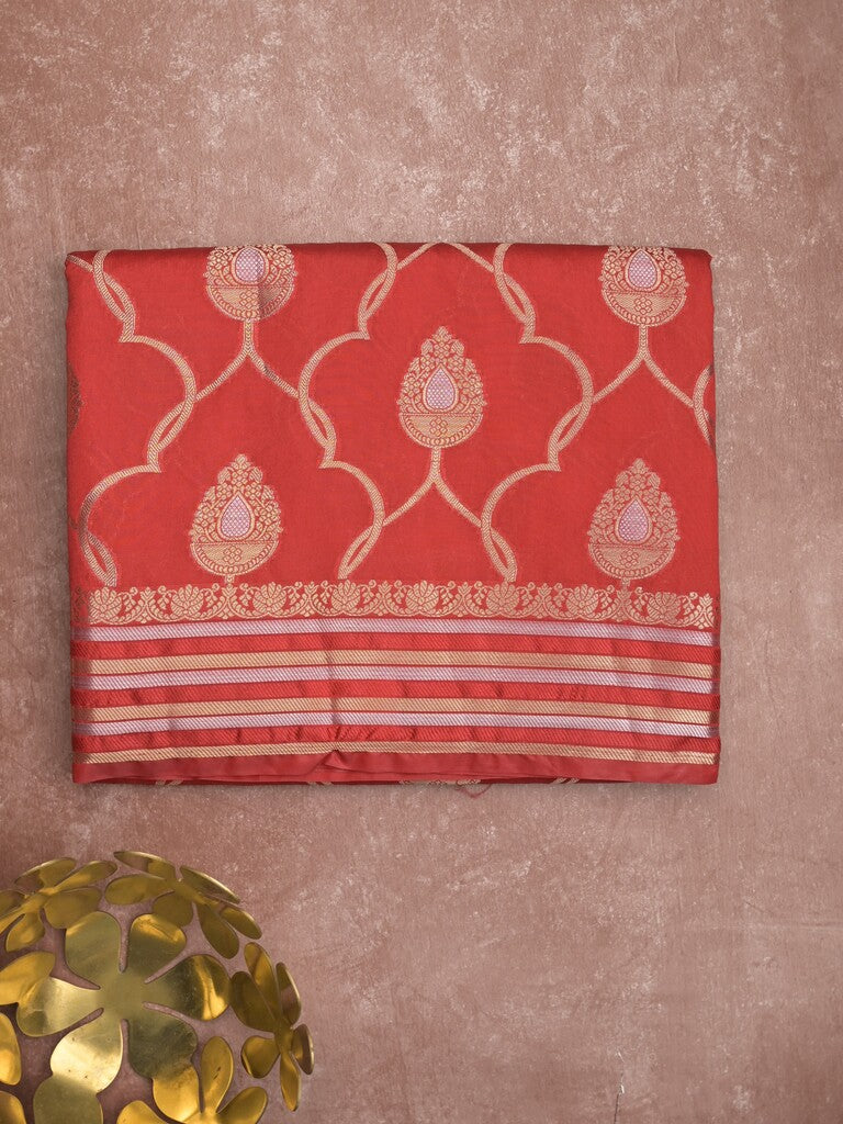 Raw mango fancy saree red color allover zari weaves & zari border with brocade pallu and attached blouse