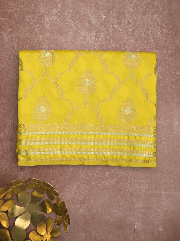 Raw mango fancy saree lemon yellow color allover zari weaves & zari border with brocade pallu and attached blouse