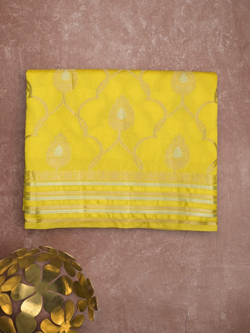 Raw mango fancy saree lemon yellow color allover zari weaves & zari border with brocade pallu and attached blouse