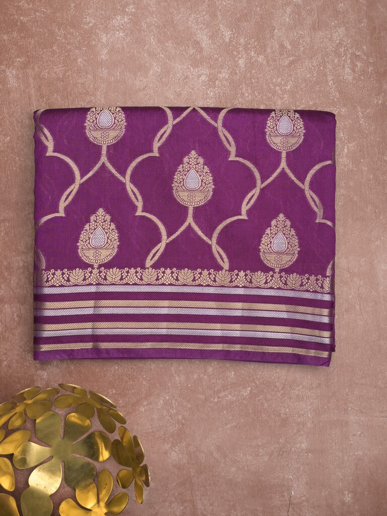 Raw mango fancy saree wine color allover zari weaves & zari border with brocade pallu and attached blouse