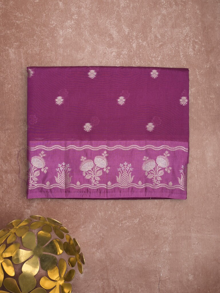 Raw mango fancy saree magenta color allover zari weaves & zari border with zari pallu and attached plain blouse