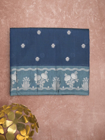 Raw mango fancy saree blue color allover zari weaves & zari border with zari pallu and attached plain blouse