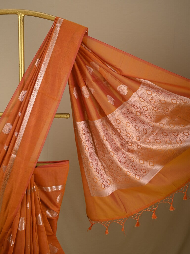 Chanderi fancy saree bronze color allover zari motifs and zari border with brocade pallu and blouse
