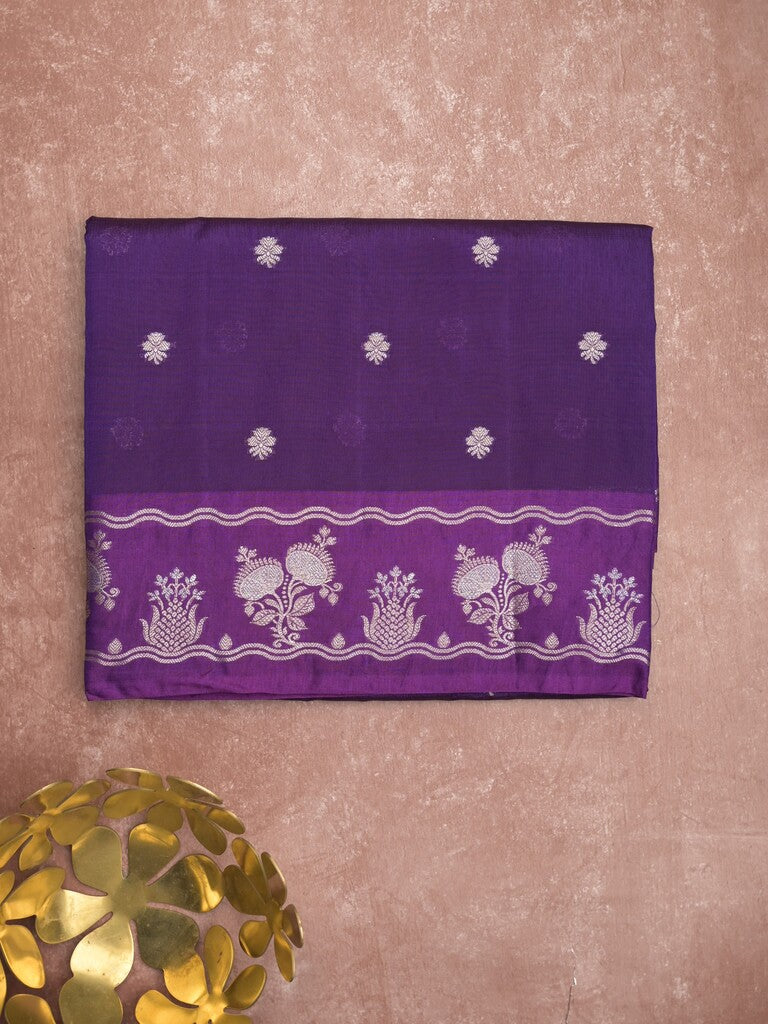 Raw mango fancy saree violet color allover zari weaves & zari border with zari pallu and attached plain blouse