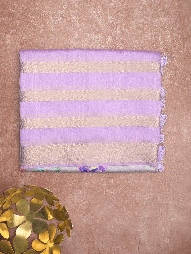 Chanderi fancy saree light purple color allover prints & zari border with printed pallu and contrast blouse