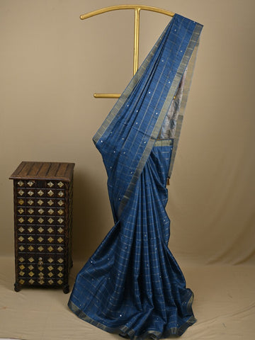 Tussar fancy saree blue color allover checks, mirror work with short zari border with printed pallu and blouse