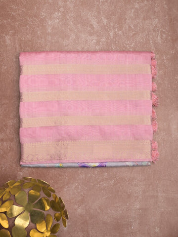Chanderi fancy saree light pink color allover prints & zari border with printed pallu and contrast blouse