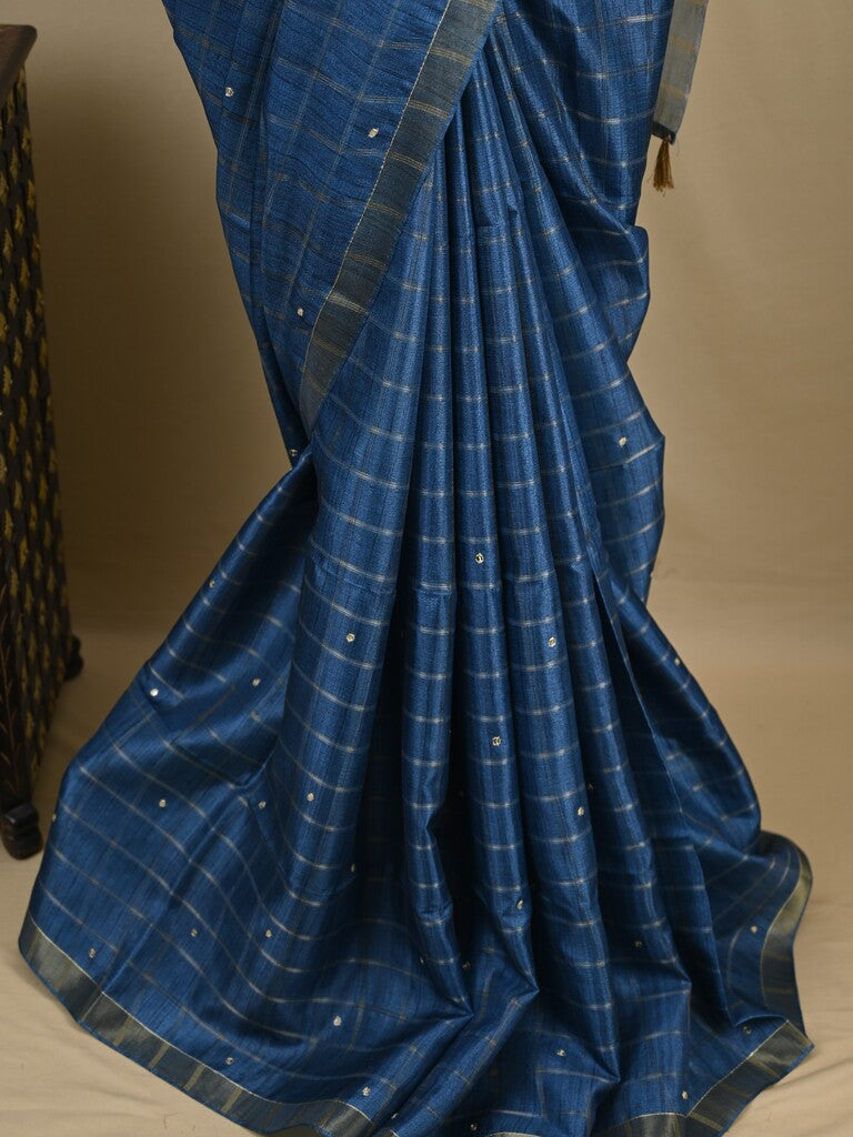 Tussar fancy saree blue color allover checks, mirror work with short zari border with printed pallu and blouse