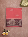 Tabby silk fancy saree coral pink color allover zari motifs & zari border with rich pallu and contrast blouse