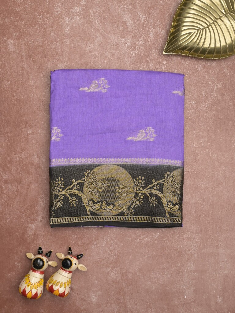 Tabby silk fancy saree lavender color allover zari motifs & zari border with rich pallu and contrast blouse
