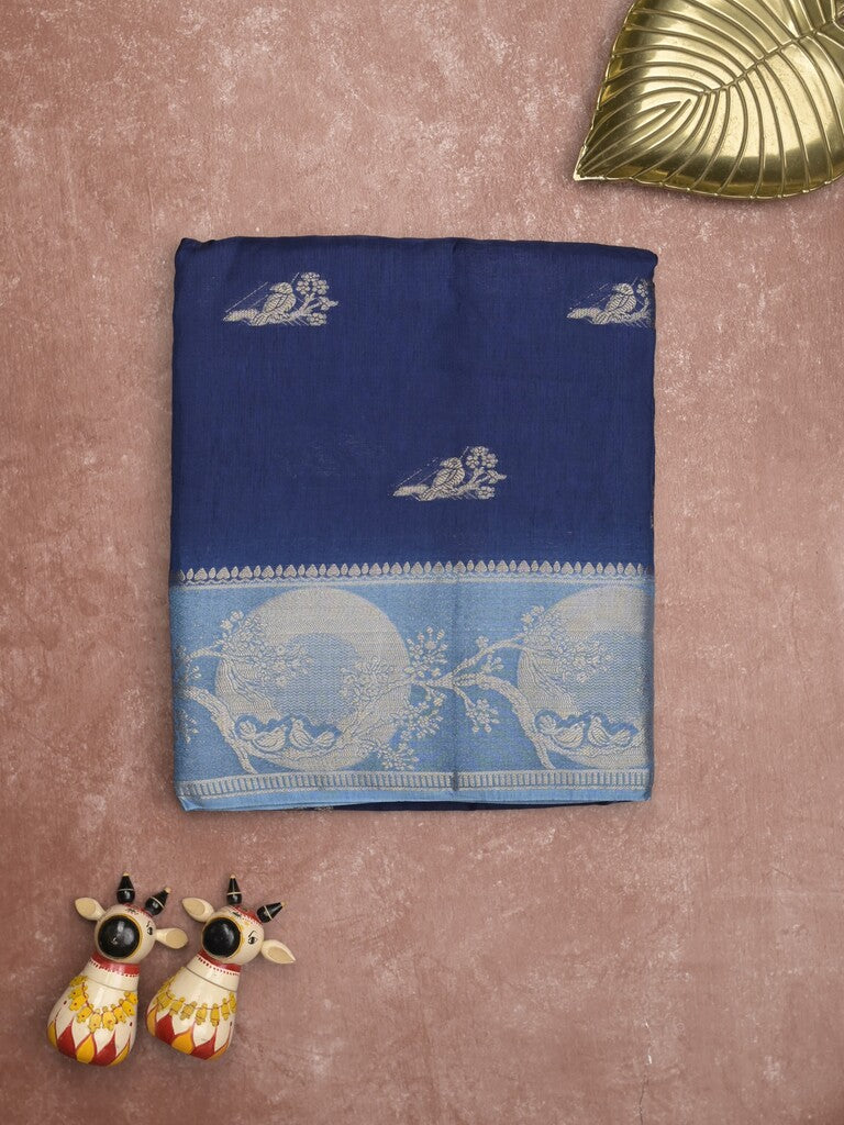 Tabby silk fancy saree royal blue color allover zari motifs & zari border with rich pallu and contrast blouse