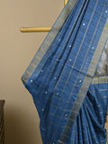 Tussar fancy saree blue color allover checks, mirror work with short zari border with printed pallu and blouse