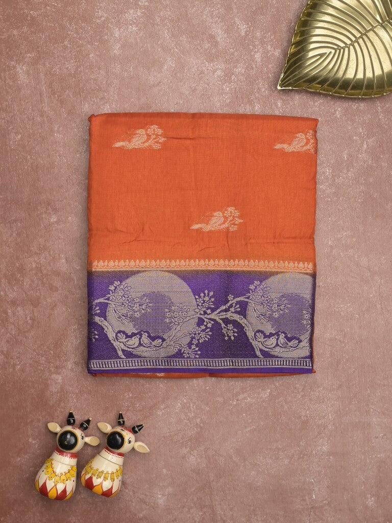Tabby silk fancy saree orange color allover zari motifs & zari border with rich pallu and contrast blouse
