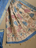 Tussar fancy saree blue color allover checks, mirror work with short zari border with printed pallu and blouse