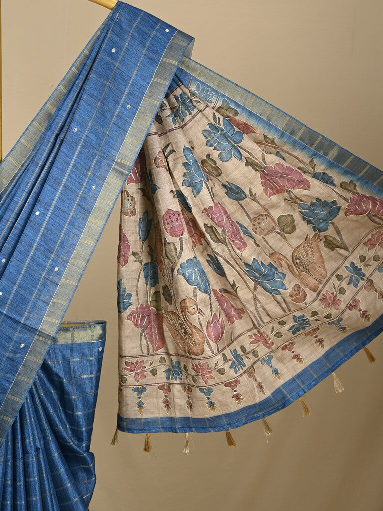 Tussar fancy saree blue color allover checks, mirror work with short zari border with printed pallu and blouse