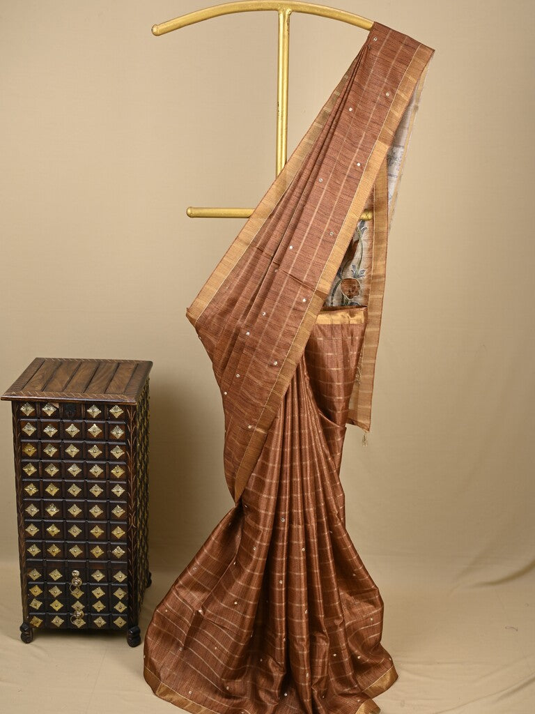 Tussar fancy saree brown color allover checks, mirror work with short zari border with printed pallu and blouse