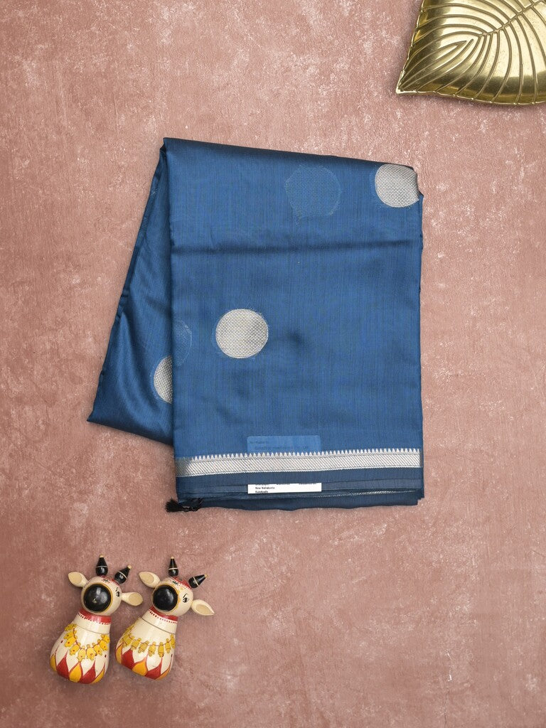 Maheshwari fancy saree blue color allover zari motifs & zari border with zari pallu and plain blouse