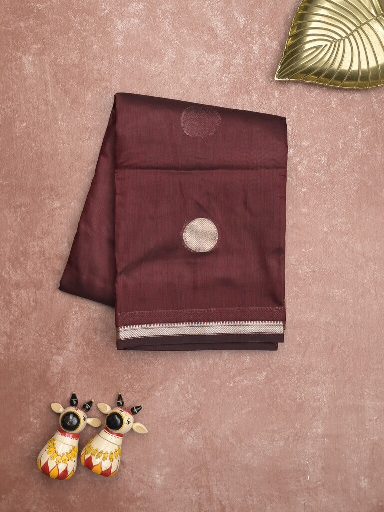Maheshwari fancy saree brown color allover zari motifs & zari border with zari pallu and plain blouse