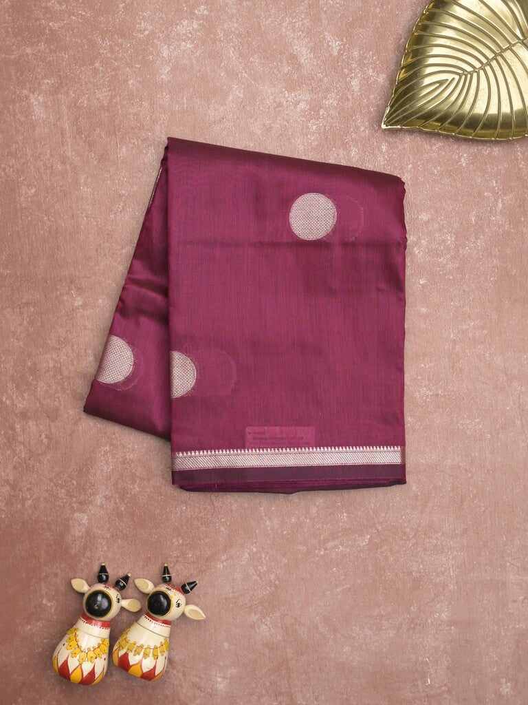 Maheshwari fancy saree magenta color allover zari motifs & zari border with zari pallu and plain blouse