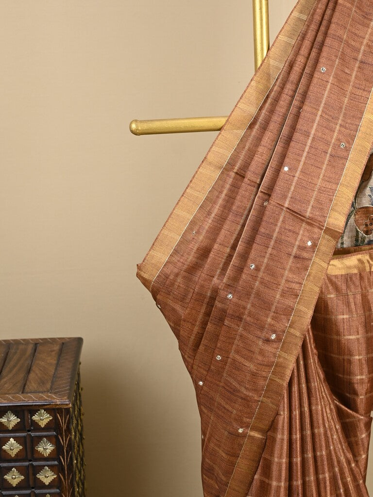 Tussar fancy saree brown color allover checks, mirror work with short zari border with printed pallu and blouse