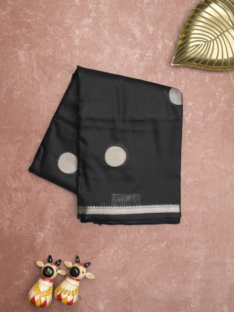 Maheshwari fancy saree black color allover zari motifs & zari border with zari pallu and plain blouse