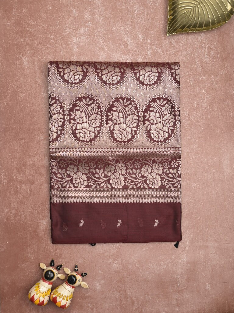 Maheshwari fancy saree brown color allover zari motifs & zari border with rich pallu and plain blouse