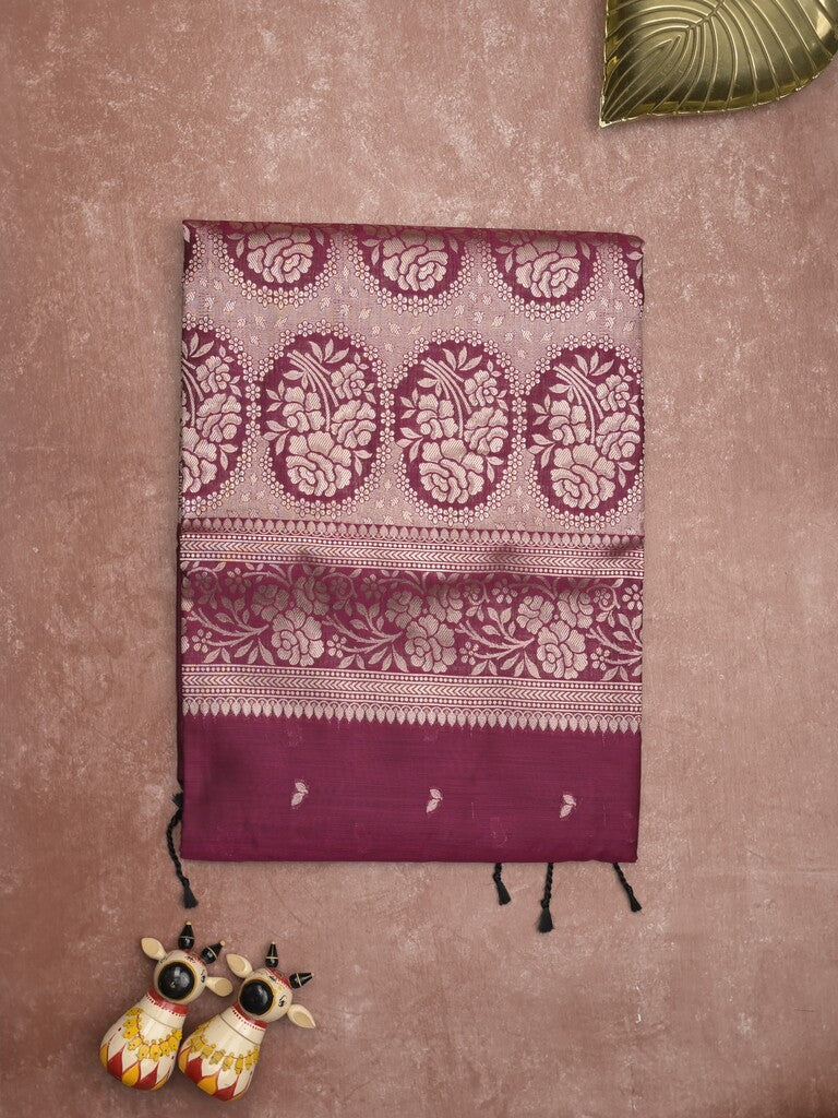 Maheshwari fancy saree dark magenta color allover zari motifs & zari border with rich pallu and plain blouse