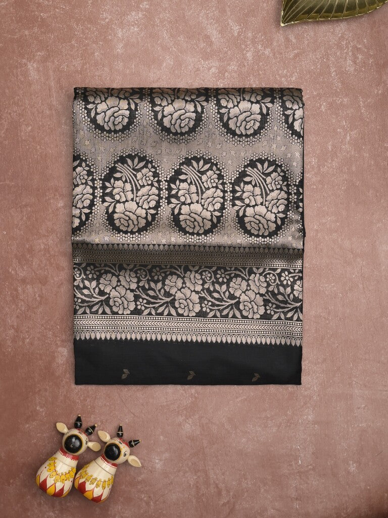 Maheshwari fancy saree black color allover zari motifs & zari border with rich pallu and plain blouse