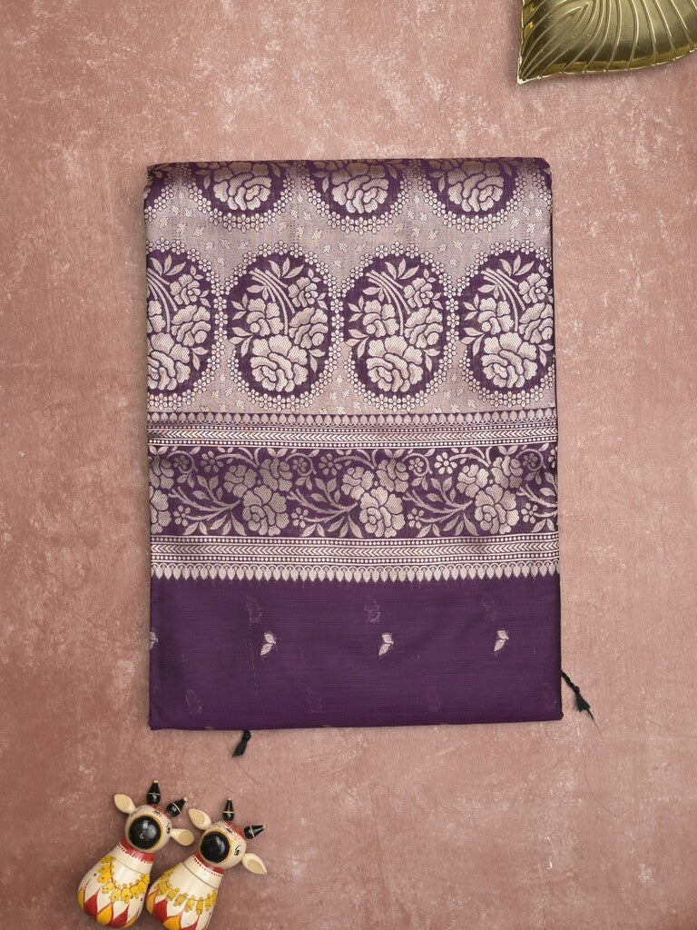 Maheshwari fancy saree violet color allover zari motifs & zari border with rich pallu and plain blouse