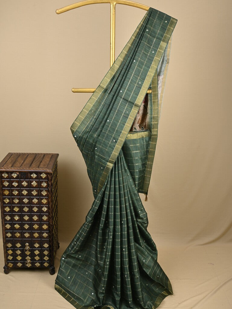 Tussar fancy saree dark green color allover checks, mirror work with short zari border with printed pallu and blouse