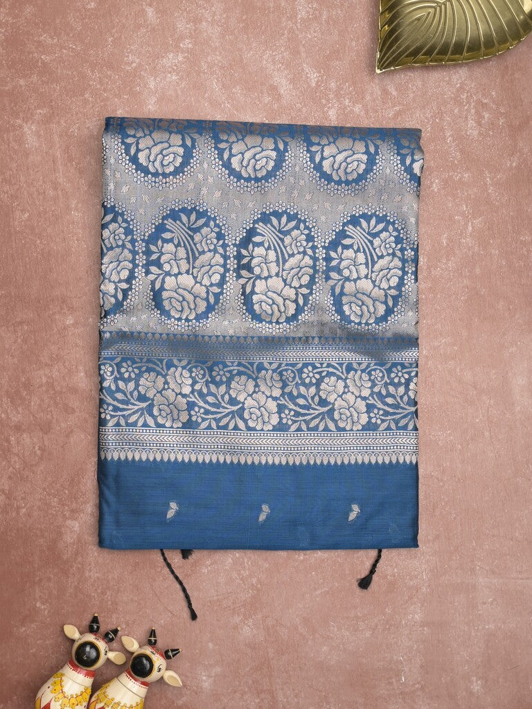 Maheshwari fancy saree royal blue color allover zari motifs & zari border with rich pallu and plain blouse