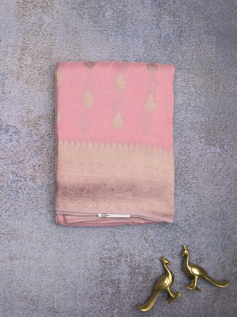 Tabby silk fancy saree baby pink color allover zari motifs & zari border with rich pallu and plain blouse