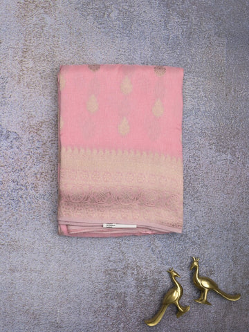 Tabby silk fancy saree baby pink color allover zari motifs & zari border with rich pallu and plain blouse