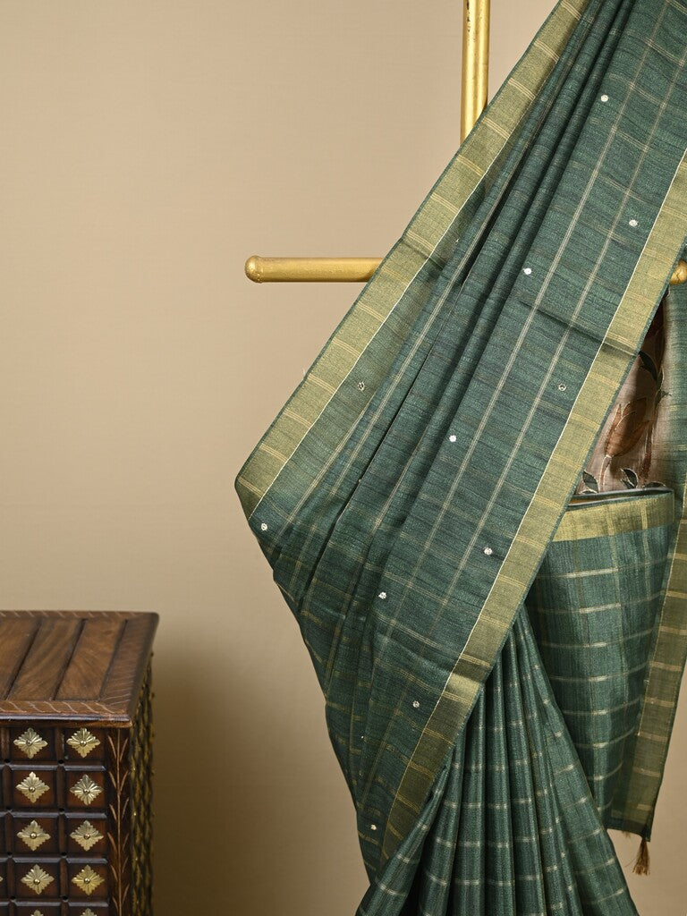 Tussar fancy saree dark green color allover checks, mirror work with short zari border with printed pallu and blouse