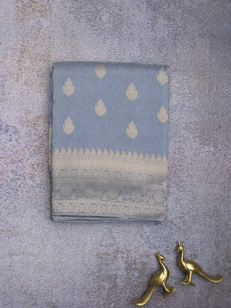 Tabby silk fancy saree light blue color allover zari motifs & zari border with rich pallu and plain blouse