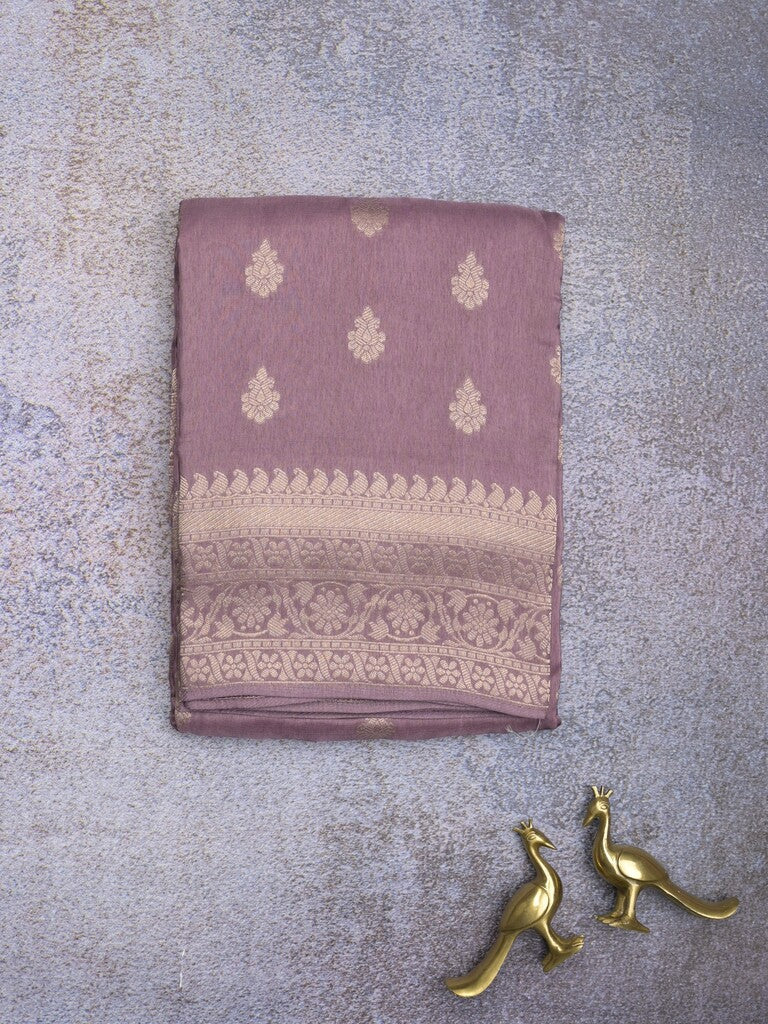 Tabby silk fancy saree light purple color allover zari motifs & zari border with rich pallu and plain blouse