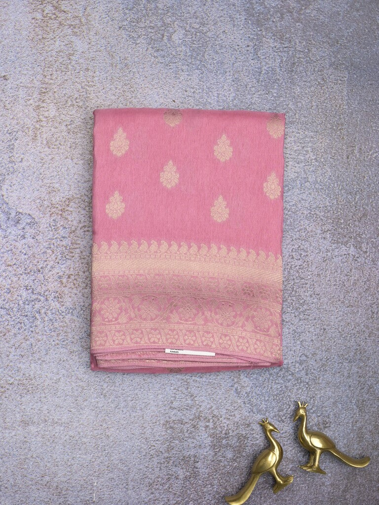 Tabby silk fancy saree light pink color allover zari motifs & zari border with rich pallu and plain blouse