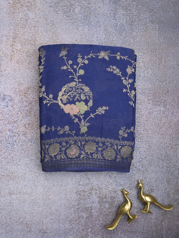 Chinnon fancy saree royal blue color allover zari weaves & zari border with rich pallu and plain blouse