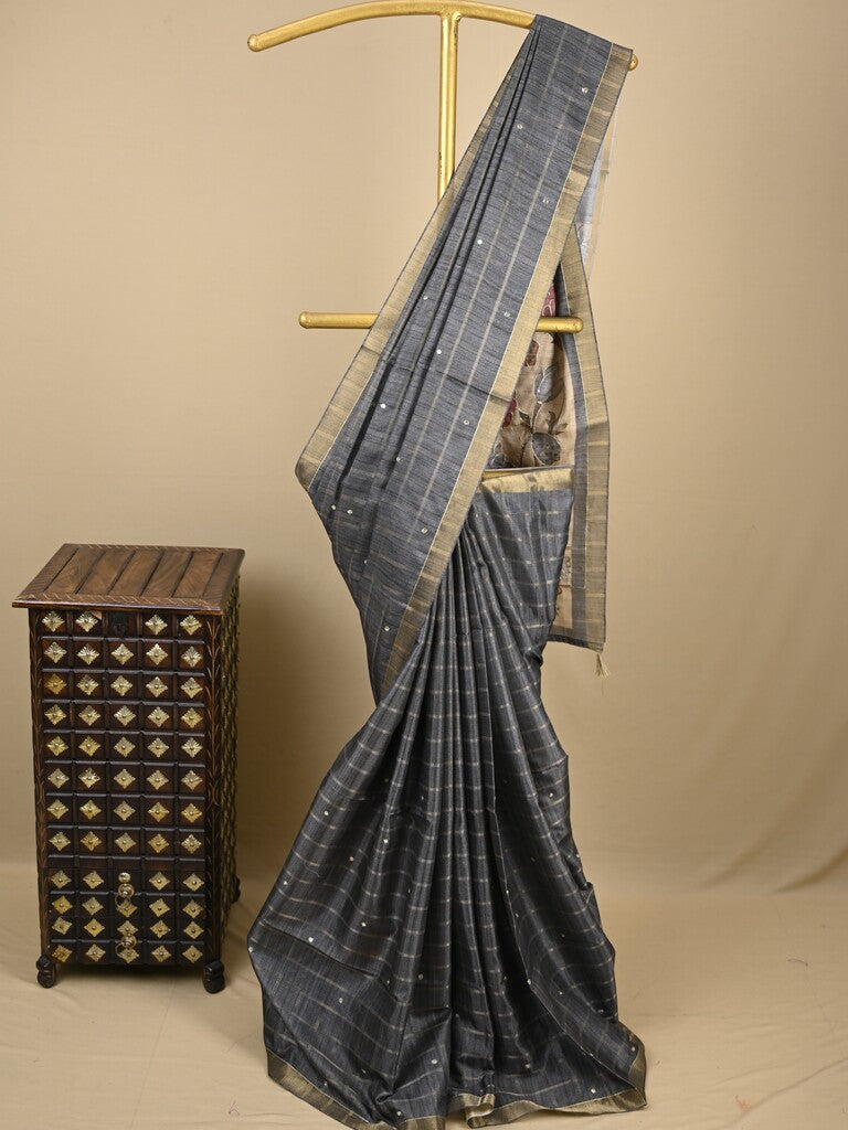 Tussar fancy saree gray color allover checks, mirror work with short zari border with printed pallu and blouse