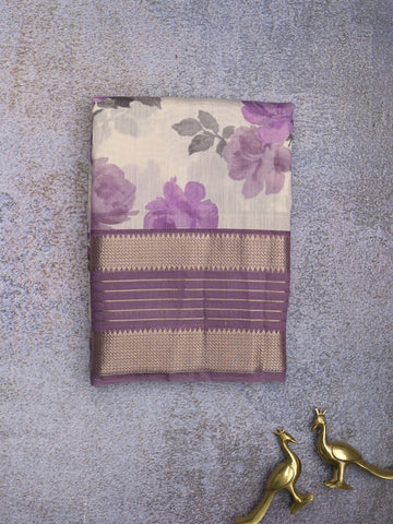 Maheshwari fancy saree white and purple color allover prints & zari border with contrast pallu and printed blouse