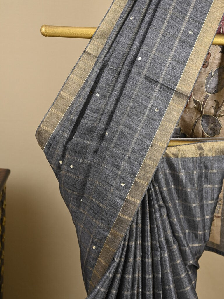 Tussar fancy saree gray color allover checks, mirror work with short zari border with printed pallu and blouse