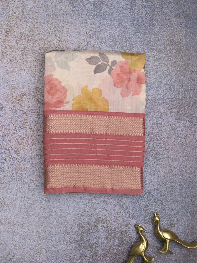 Maheshwari fancy saree white and pink color allover prints & zari border with contrast pallu and printed blouse