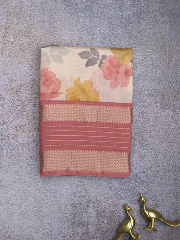 Maheshwari fancy saree white and pink color allover prints & zari border with contrast pallu and printed blouse