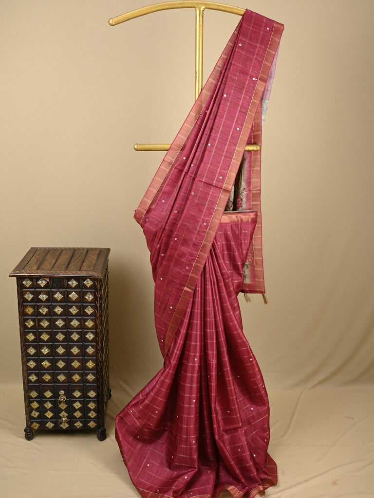 Tussar fancy saree pink color allover checks, mirror work with short zari border with printed pallu and blouse